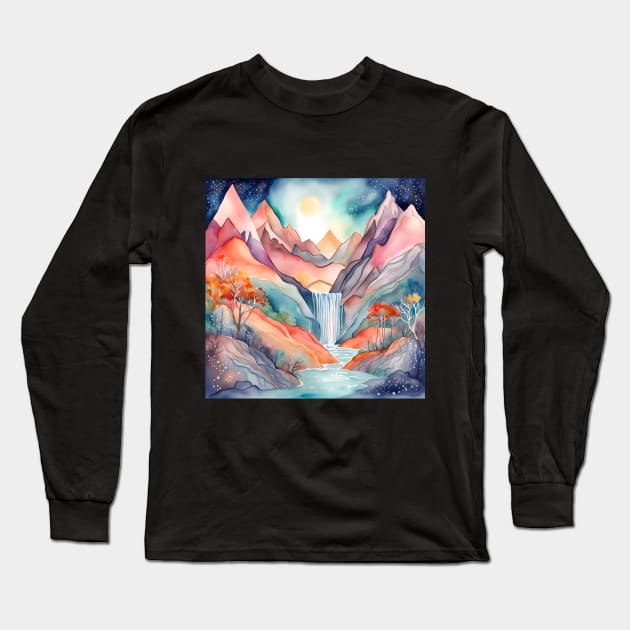 Watercolor Waterfall Long Sleeve T-Shirt by SmartPufferFish